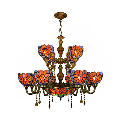 Country Bowl Hanging Light Stained Glass 15 Heads Chandelier in Orange Blue for Living Room