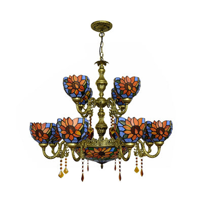 Country Bowl Hanging Light Treated Verre 15 têtes Chandelier en bleu orange pour le salon