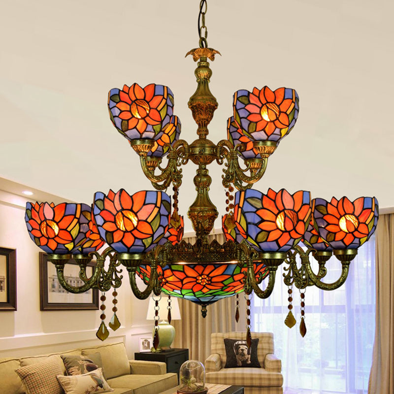 Country Bowl Hanging Light Stained Glass 15 Heads Chandelier in Orange Blue for Living Room