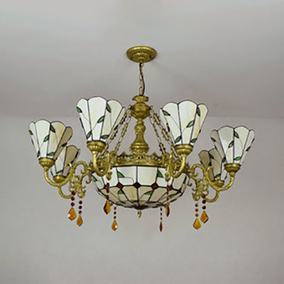 9 Lights Hanging Light Industrial Vintage Stained Glass Chandelier with Leaf Pattern in Beige