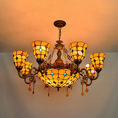 8 Arms Bell Suspension Light Rustic Stained Glass Chandelier Light with Center Bowl in Yellow for Villa