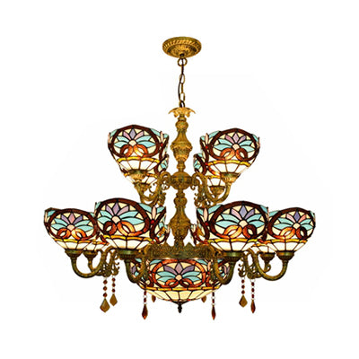 Rustic Bowl Inverted Chandelier Stained Glass 15 Heads Two-Tier Chandelier in Blue for Living Room