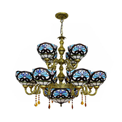 Rustic Bowl Inverted Chandelier Stained Glass 15 Heads Two-Tier Chandelier in Blue for Living Room