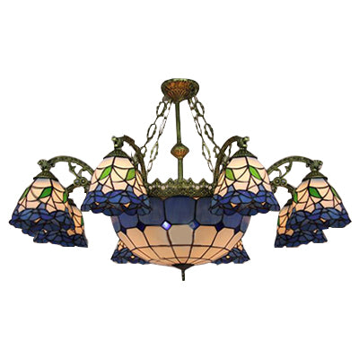 9 Lights Flared Suspension Light Vintage Stained Glass Chandelier Lamp with Center Bowl Shade in Blue