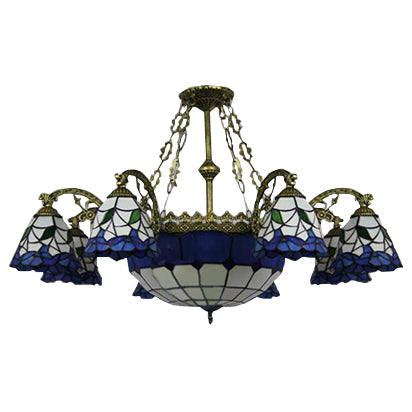 9 Lights Flared Suspension Light Vintage Stained Glass Chandelier Lamp with Center Bowl Shade in Blue