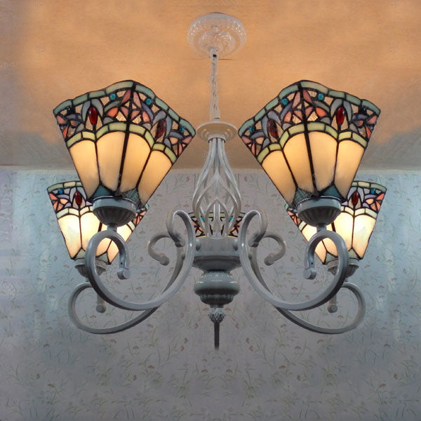 Pyramid Chandelier Lights Tiffany Stained Glass 5 Lights Hanging Ceiling Fixture in Blue and White