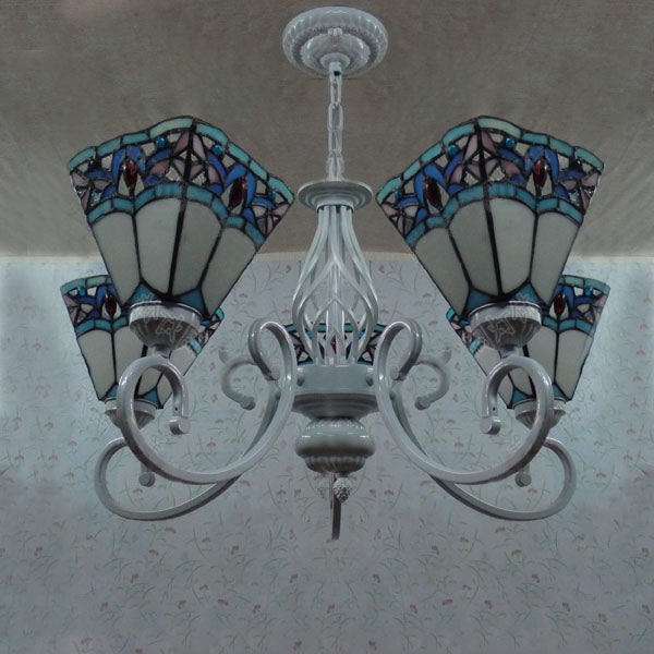 Pyramid Chandelier Lights Tiffany Stained Glass 5 Lights Hanging Ceiling Fixture in Blue and White