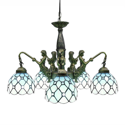 5 lumières Dome Chandelier suspendu Tiffany Blue Cut Glass Pendant Lightture avec sirène déco