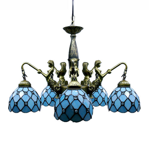 5 Lights Dome Hanging Chandelier Tiffany Blue Cut Glass Pendant Light Fixture with Mermaid Deco