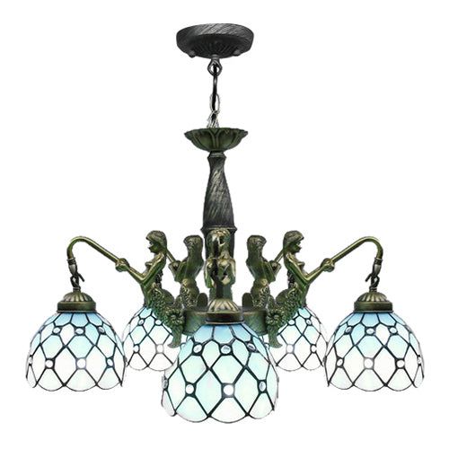 5 Lights Dome Hanging Chandelier Tiffany Blue Cut Glass Pendant Light Fixture with Mermaid Deco