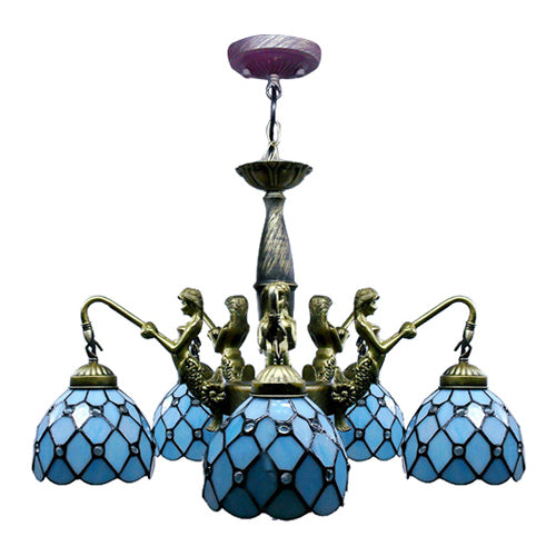 5 Lights Dome Hanging Chandelier Tiffany Blue Cut Glass Pendant Light Fixture with Mermaid Deco