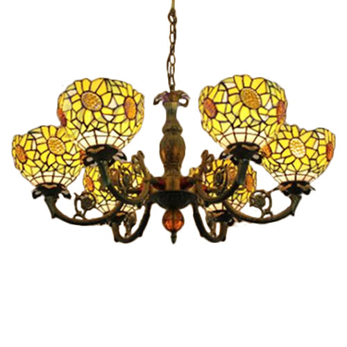 6 Lights Sunflower Hanging Light Tiffany Style Stained Glass Chandelier Lighting for Bedroom