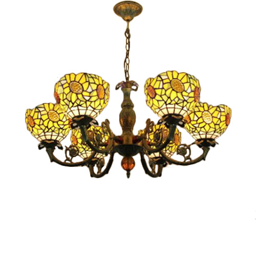 6 lumières Sunflower suspendues Lumières Tiffany Style Tache-vitrail Éclairage pour chambre à coucher