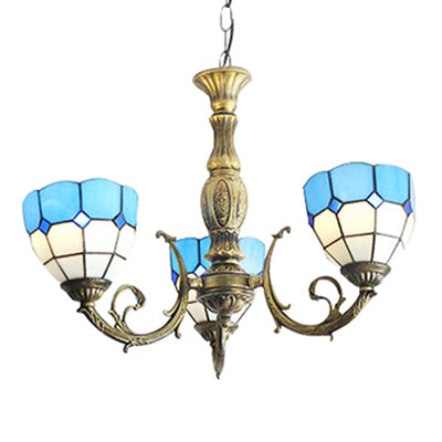 Blue Bowl Shade Chandelier Lights Tiffany Stained Glass 3-Light Chandelier Light Fixture in Blue