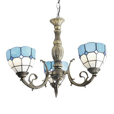 Blue Bowl Shade Chandelier Lights Tiffany Stained Glass 3-Light Chandelier Light Fixture in Blue