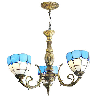 Blue Bowl Shade Chandelier Lights Tiffany Stained Glass 3-Light Chandelier Light Fixture in Blue