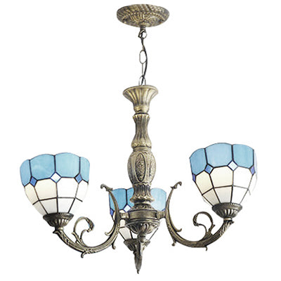 Blue Bowl Shade Chandelier Lights Tiffany Stained Glass 3-Light Chandelier Light Fixture in Blue