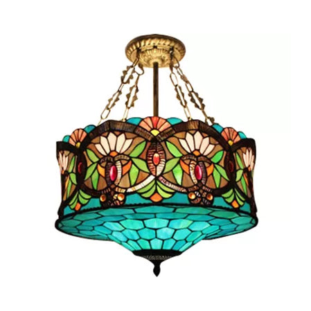 Living Room Ceiling Light LED, Stained Glass Drum Lighting Baroque Style, 18" W