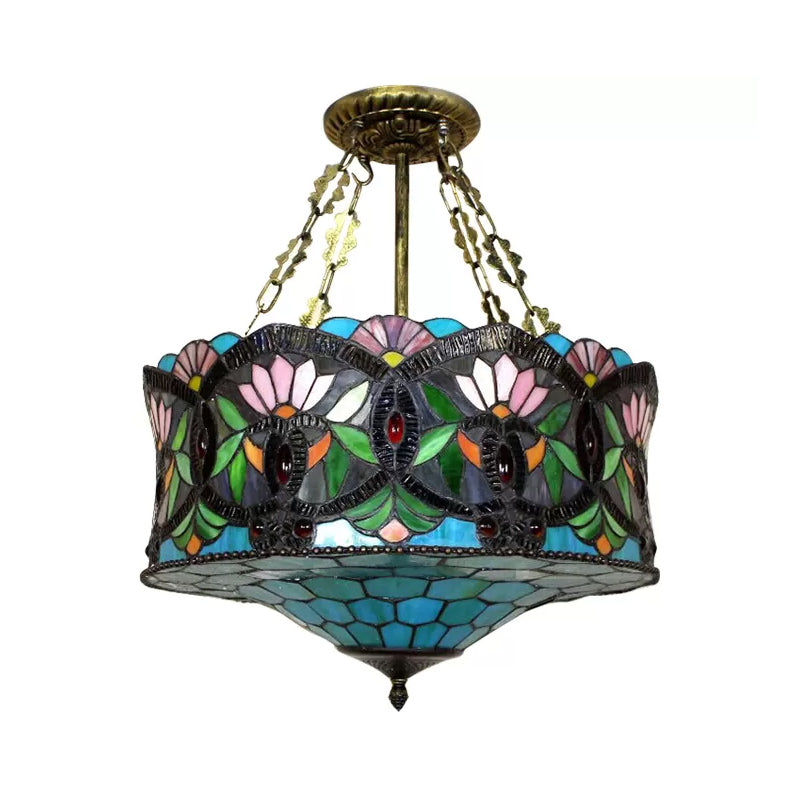 Living Room Ceiling Light LED, Stained Glass Drum Lighting Baroque Style, 18" W