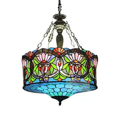 Living Room Ceiling Light LED, Stained Glass Drum Lighting Baroque Style, 18" W