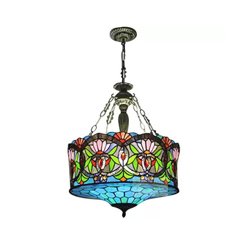 Living Room Ceiling Light LED, Stained Glass Drum Lighting Baroque Style, 18" W