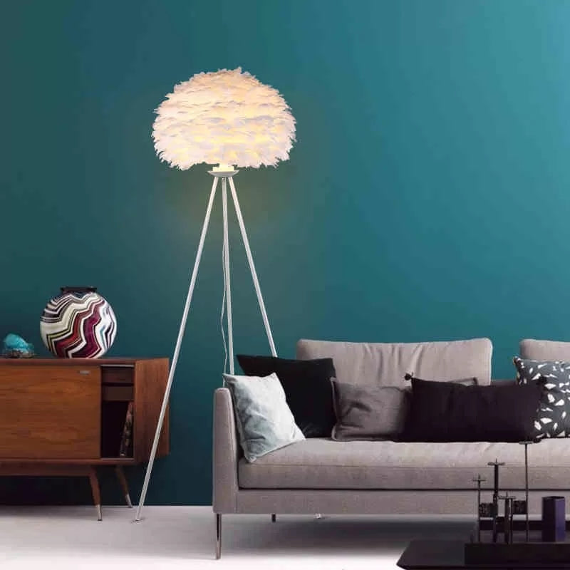 Tripod Living Room Floor Lamp with Orb Shade Feather Pretty Floor Light in White