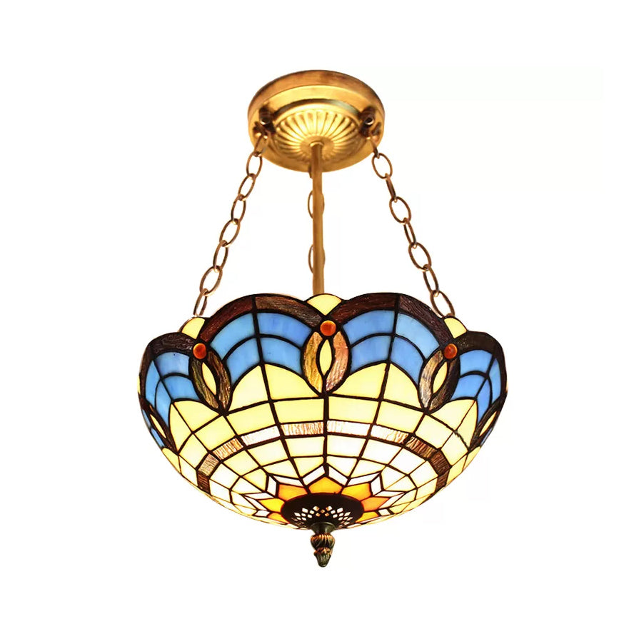 Stained Glass Ceiling Light for Bedroom with Chain, Bowl Semi Flush Mount Lighting Baroque Style