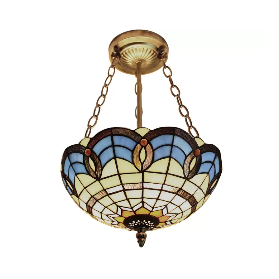 Stained Glass Ceiling Light for Bedroom with Chain, Bowl Semi Flush Mount Lighting Baroque Style