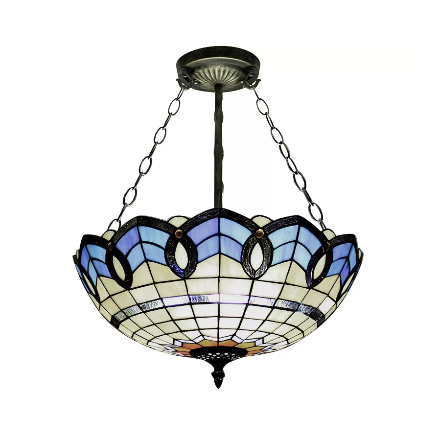 Stained Glass Ceiling Light for Bedroom with Chain, Bowl Semi Flush Mount Lighting Baroque Style