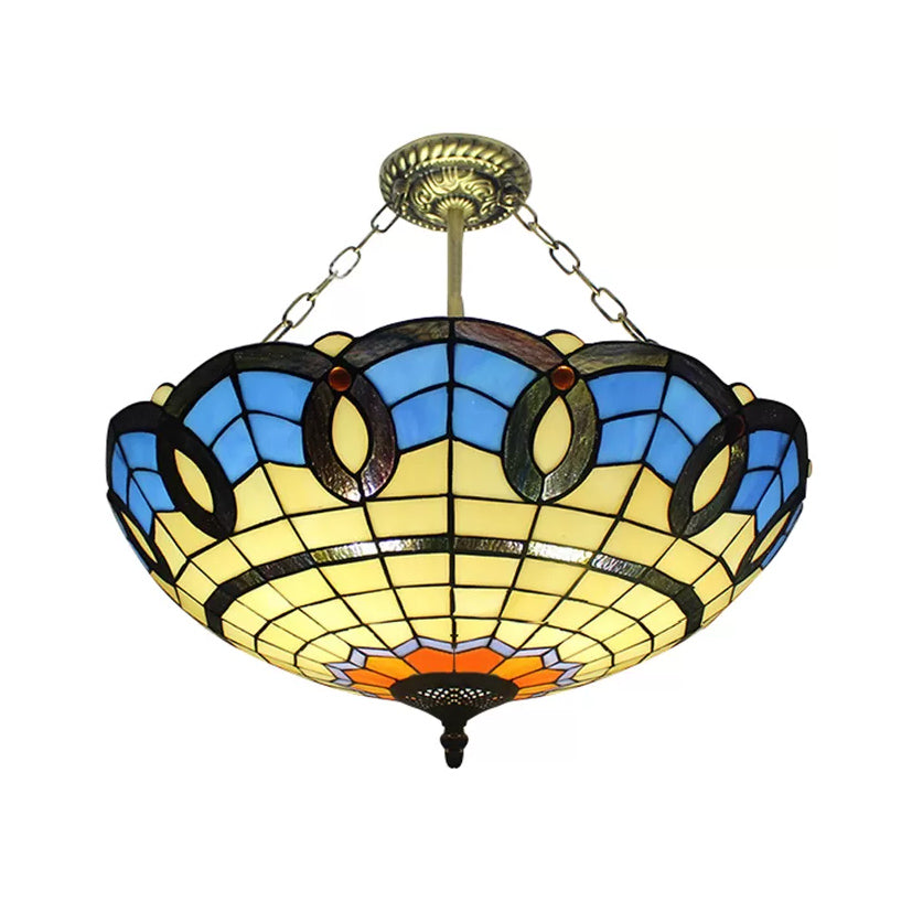 Stained Glass Ceiling Light for Bedroom with Chain, Bowl Semi Flush Mount Lighting Baroque Style