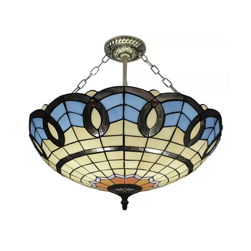 Stained Glass Ceiling Light for Bedroom with Chain, Bowl Semi Flush Mount Lighting Baroque Style