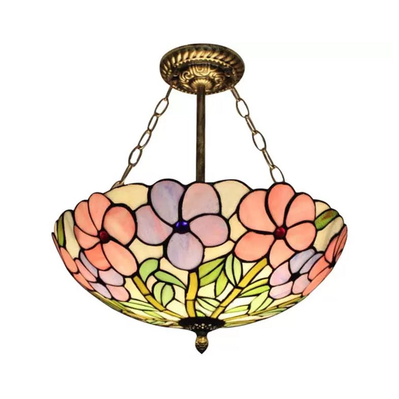 Tiffany Ceiling Lights LED, 3-Light Stained Glass Domed Semi Flush Light in Aged Brass with Chain and Rose Pattern