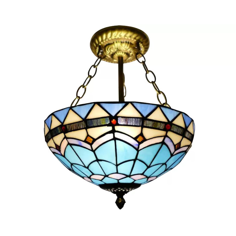 Stained Glass Ceiling Lighting, Tiffany Blue Bowl Semi Flush Light in Antique Brass with Rod