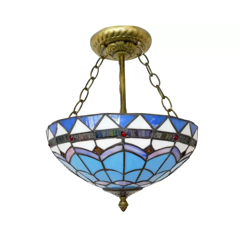 Stained Glass Ceiling Lighting, Tiffany Blue Bowl Semi Flush Light in Antique Brass with Rod