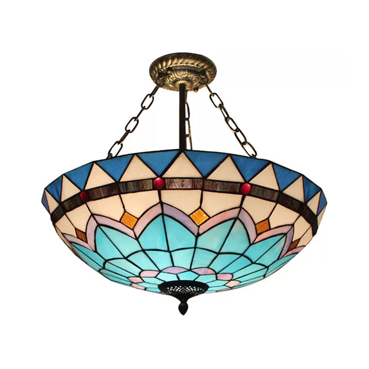 Stained Glass Ceiling Lighting, Tiffany Blue Bowl Semi Flush Light in Antique Brass with Rod