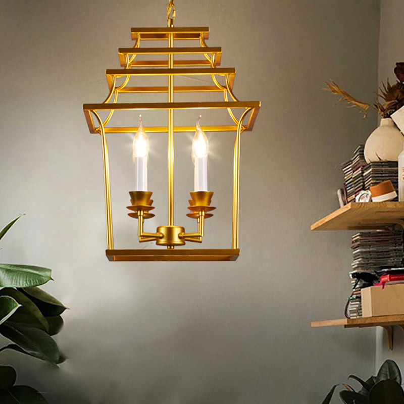 Golden Lantern Cage Hanging Lamp Vintage Stylish Metal 4 Lights Living Room Pendant Lighting