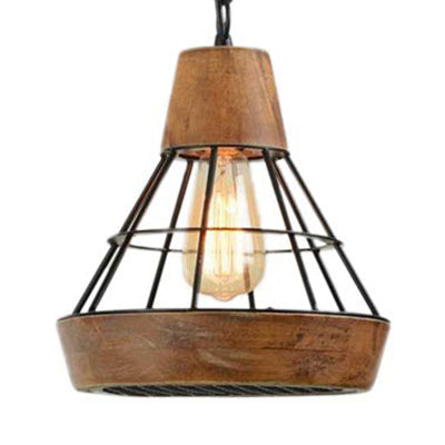 Wood and Metal Diamond Cage Hanging Lamp Rustic Single Light Kitchen Pendant Lamp