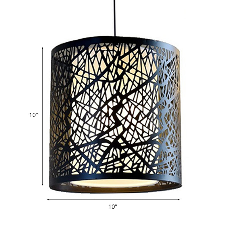 Etched Drum Metal Hanging Lamp Industrial 1 Light Dining Room Pendant Light in Black with Inner White Shade