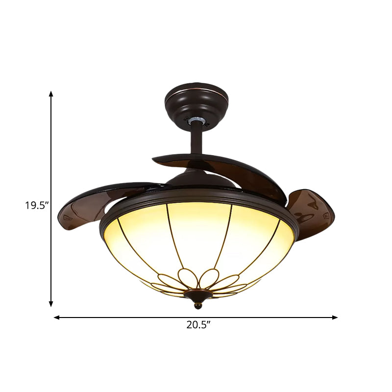 Rustieke koepel plafondventilator licht 4-blade witte glazen led semi-spoelmontage lamp in koffie, 20,5 "breed