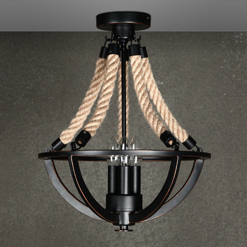 Iron Black Semi Flush Chandelier Dome Cage 3-Bulb Farmhouse Ceiling Mount Light with Rope Cord