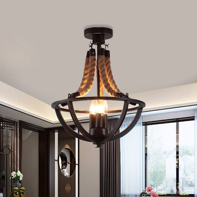 Iron Black Semi Flush Chandelier Dome Cage 3-Bulb Farmhouse Ceiling Mount Light with Rope Cord