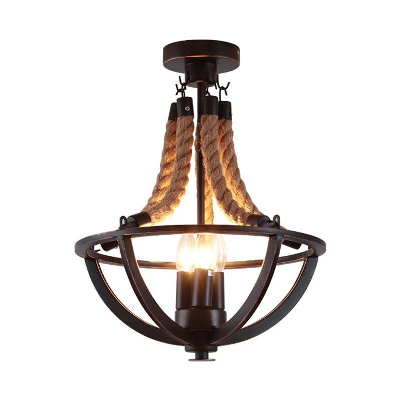 Iron Black Semi Flush Chandelier Dome Cage 3-Bulb Farmhouse Ceiling Mount Light with Rope Cord