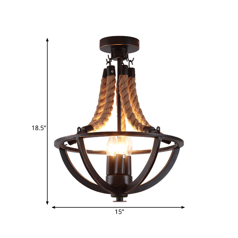 Iron Black Semi Flush Chandelier Dome Cage 3-Bulb Farmhouse Ceiling Mount Light with Rope Cord