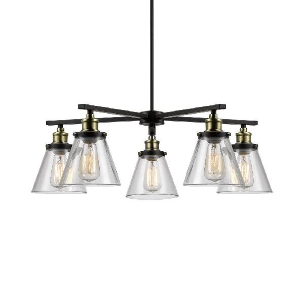 Cone Shade Clear Glass Light Chandelier Vintage 5-Light Dining Room Pendant Lighting in Black