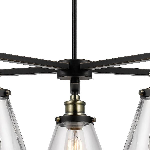 Cone Shade Clear Glass Light Chandelier Vintage 5-Light Dining Room Pendant Lighting in Black