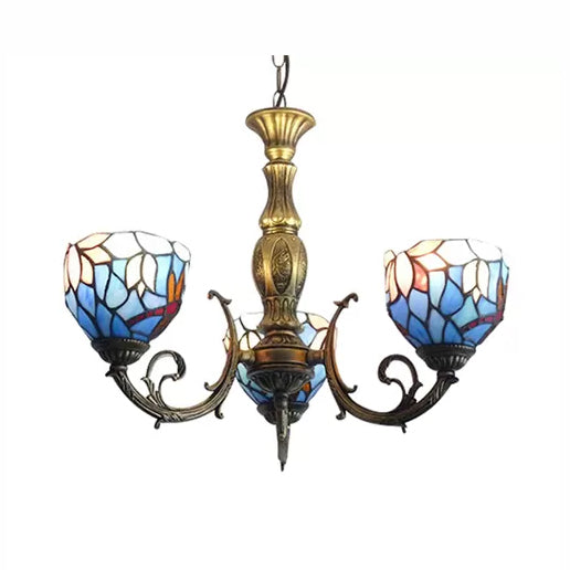 Tiffany Style Chandelier Living Room Lamp, 3 Lights Art Glass Pendant Lighting in Aged Brass with Bell Shade