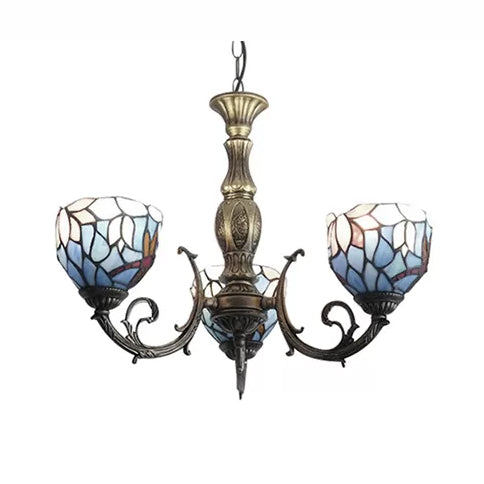 Tiffany Style Chandelier Living Room Lamp, 3 Lights Art Glass Pendant Lighting in Aged Brass with Bell Shade