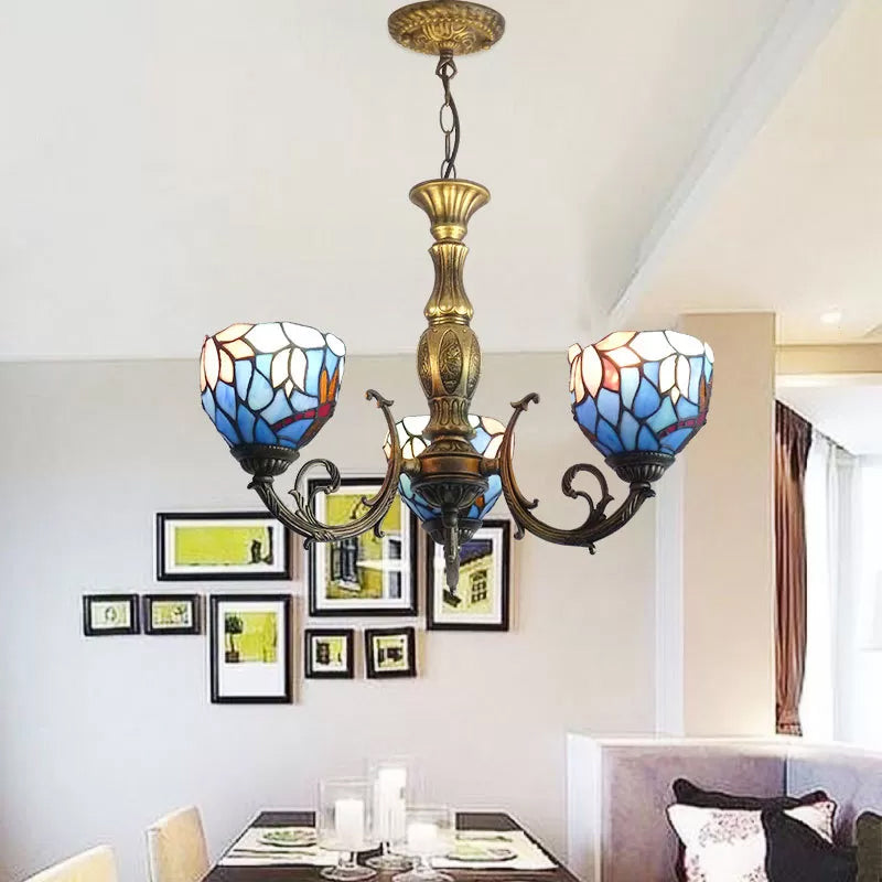 Tiffany Style Chandelier Living Room Lamp, 3 Lights Art Glass Pendant Lighting in Aged Brass with Bell Shade