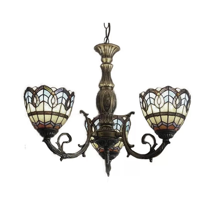 Tiffany Style Chandelier Living Room Lamp, 3 Lights Art Glass Pendant Lighting in Aged Brass with Bell Shade