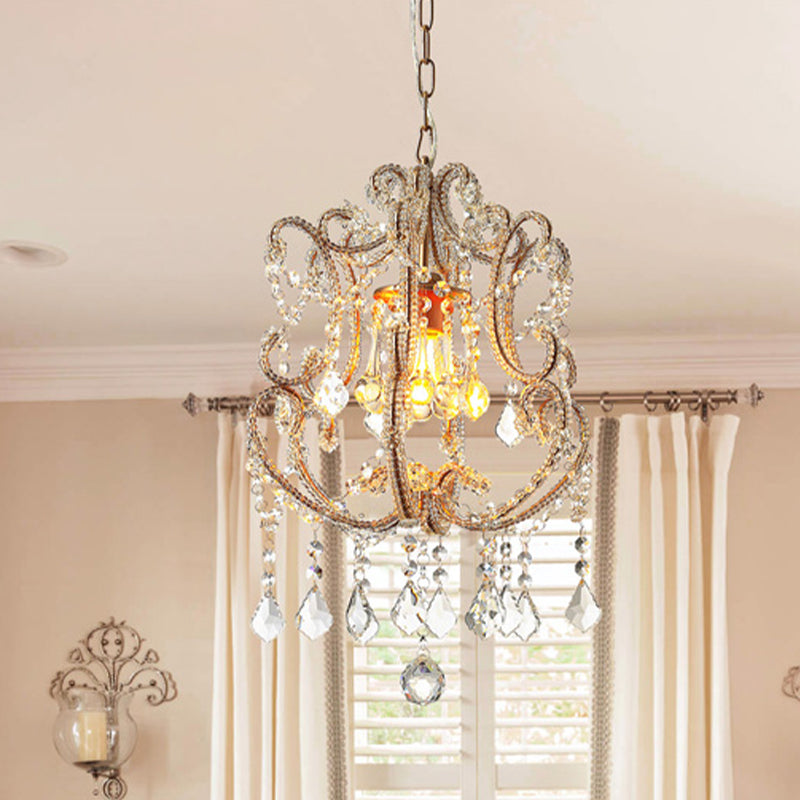 Gold Finish 1 Light Suspension Light Traditional Crystal Beads Scroll Arm Ceiling Pendant Lamp